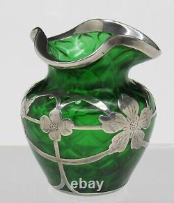 Nice Loetz or Steuben Quilted Art Glass Vase withLa Pierre Sterling Silver Overlay