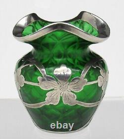 Nice Loetz or Steuben Quilted Art Glass Vase withLa Pierre Sterling Silver Overlay