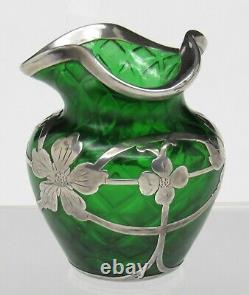 Nice Loetz or Steuben Quilted Art Glass Vase withLa Pierre Sterling Silver Overlay