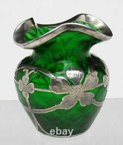 Nice Loetz or Steuben Quilted Art Glass Vase withLa Pierre Sterling Silver Overlay