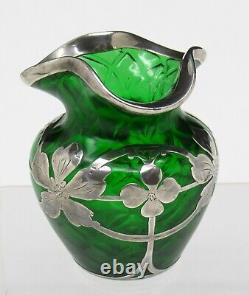 Nice Loetz or Steuben Quilted Art Glass Vase withLa Pierre Sterling Silver Overlay