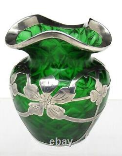 Nice Loetz or Steuben Quilted Art Glass Vase withLa Pierre Sterling Silver Overlay