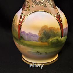 Nippon M-in-Wreath Vase 8 5/8 Panoramic Scenic View Hand Painted Gold 1911-1918