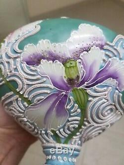 Nippon Old Noritake Moriage Art Nouveau Vase Compote Flowers, Green, Sky Blue
