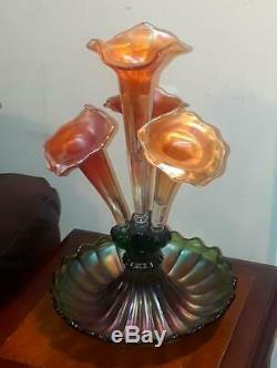 Northwood RARE 1906 Wide Panel Epergne In 2 Colors Marigold & Green Exc Cond