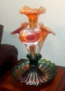 Northwood RARE 1906 Wide Panel Epergne In 2 Colors Marigold & Green Exc Cond