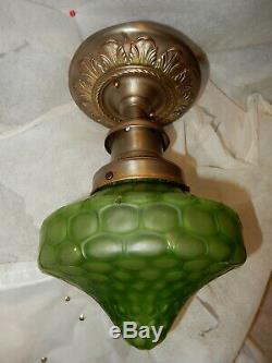 Nouveau Embossd Brass Ceiling Light with Green Loetz Art Glass Shade