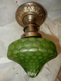 Nouveau Embossd Brass Ceiling Light with Green Loetz Art Glass Shade