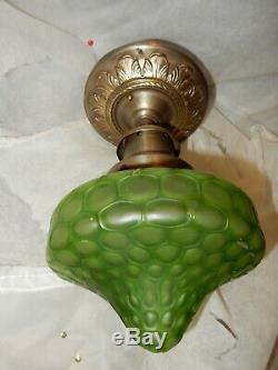 Nouveau Embossd Brass Ceiling Light with Green Loetz Art Glass Shade