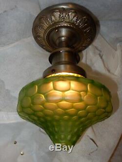 Nouveau Embossd Brass Ceiling Light with Green Loetz Art Glass Shade