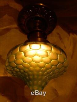 Nouveau Embossd Brass Ceiling Light with Green Loetz Art Glass Shade