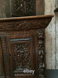 Oak 19th C Carved Storage Cupboard Green Man Mythical Beast Mask Gothic Angel