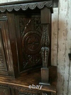 Oak 19th C Carved Storage Cupboard Green Man Mythical Beast Mask Gothic Angel