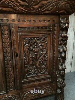 Oak 19th C Carved Storage Cupboard Green Man Mythical Beast Mask Gothic Angel