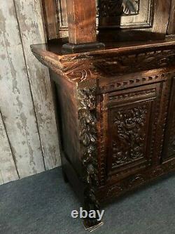 Oak 19th C Carved Storage Cupboard Green Man Mythical Beast Mask Gothic Angel