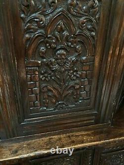 Oak 19th C Carved Storage Cupboard Green Man Mythical Beast Mask Gothic Angel