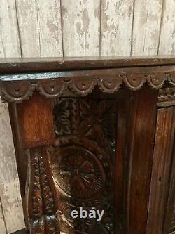 Oak 19th C Carved Storage Cupboard Green Man Mythical Beast Mask Gothic Angel