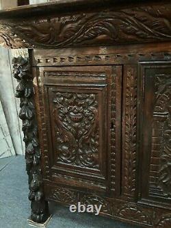 Oak 19th C Carved Storage Cupboard Green Man Mythical Beast Mask Gothic Angel