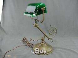 Original Antique Brass Bankers Piano Student Lamp Molded Green Glass Shade Heavy
