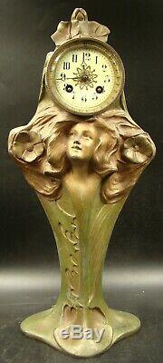 Original Art Nouveau Woman Figural Large Table Clock by Francesco Flora ca 1890