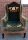 Original Art Nouveau Antique Arts Crafts Velvet Embroidered Wing Armchair Chair