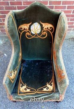Original Art Nouveau antique Arts Crafts velvet embroidered wing armchair chair