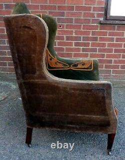 Original Art Nouveau antique Arts Crafts velvet embroidered wing armchair chair