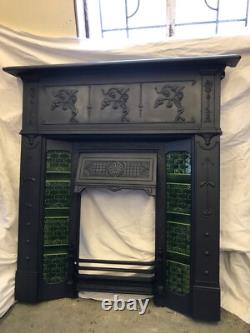 Original Art Nouveau large cast iron fireplace and surround complete green tiles