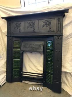 Original Art Nouveau large cast iron fireplace and surround complete green tiles