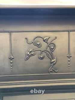 Original Art Nouveau large cast iron fireplace and surround complete green tiles