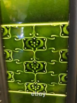 Original Art Nouveau large cast iron fireplace and surround complete green tiles