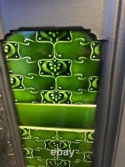 Original Art Nouveau large cast iron fireplace and surround complete green tiles