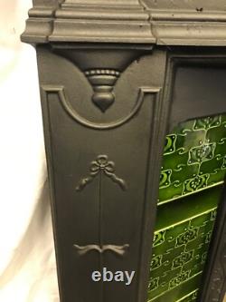 Original Art Nouveau large cast iron fireplace and surround complete green tiles