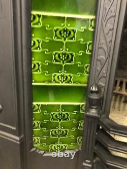 Original Art Nouveau large cast iron fireplace and surround complete green tiles