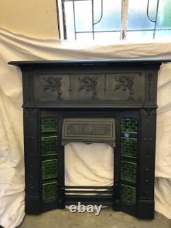 Original Art Nouveau large cast iron fireplace and surround complete green tiles