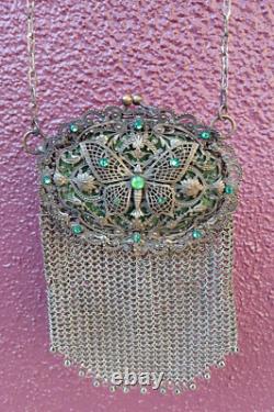 Ornate Antique Art Nouveau Green Rhinestone Butterfly Motif Mesh Purse Bag