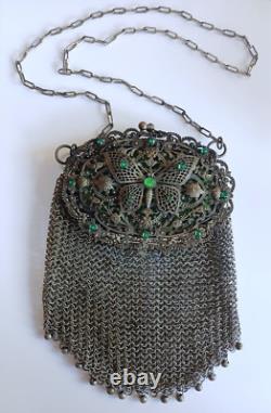 Ornate Antique Art Nouveau Green Rhinestone Butterfly Motif Mesh Purse Bag