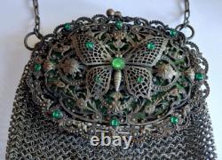 Ornate Antique Art Nouveau Green Rhinestone Butterfly Motif Mesh Purse Bag