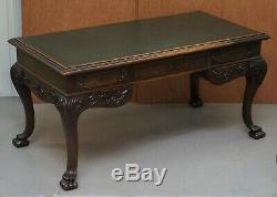 Ornately Carved Oversized Writing Table Desk Green Leather Top Lion Hairy Feet
