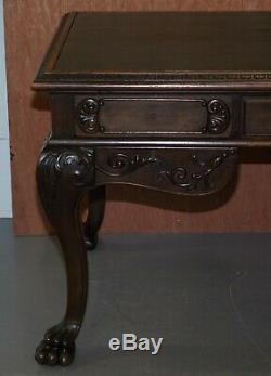 Ornately Carved Oversized Writing Table Desk Green Leather Top Lion Hairy Feet