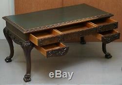 Ornately Carved Oversized Writing Table Desk Green Leather Top Lion Hairy Feet