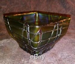 Outstanding Loetz/kralik Czech Bohemian Iridescent Green Threaded Square Bowl