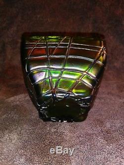 Outstanding Loetz/kralik Czech Bohemian Iridescent Green Threaded Square Bowl