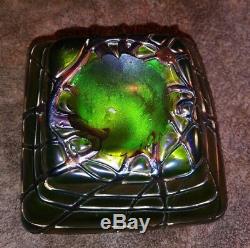 Outstanding Loetz/kralik Czech Bohemian Iridescent Green Threaded Square Bowl