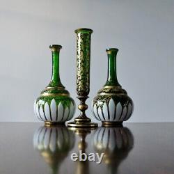 PAIR ANTIQUE BOHEMIAN ENAMELLED GLASS VASES ArtNouveau Lotus Flower Enamel Vases