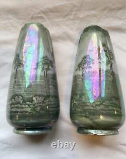 PAIR of 19th C Antique H J Wood, Burslem Iridescent Lustreware Vases, Circa 1891