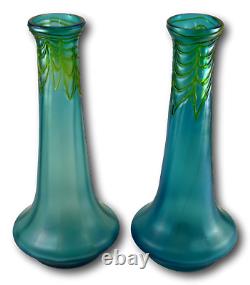 PALLME KONIG Rare PAIR of Art Nouveau Iridescent Blue & Green Glass Vase