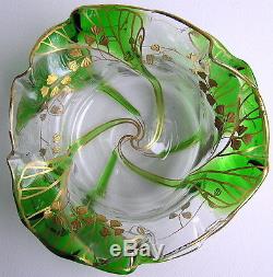 Pair Antique Art Nouveau Finger Bowls with Under Plates STUART GLASS Green Trailed