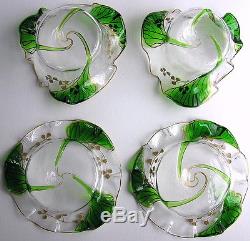 Pair Antique Art Nouveau Finger Bowls with Under Plates STUART GLASS Green Trailed
