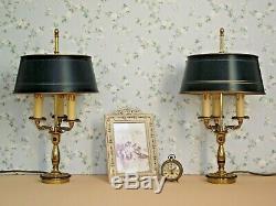 Pair Antique French Brass Bouillotte 3 Branch Lamps & Green Tole Shade 1629